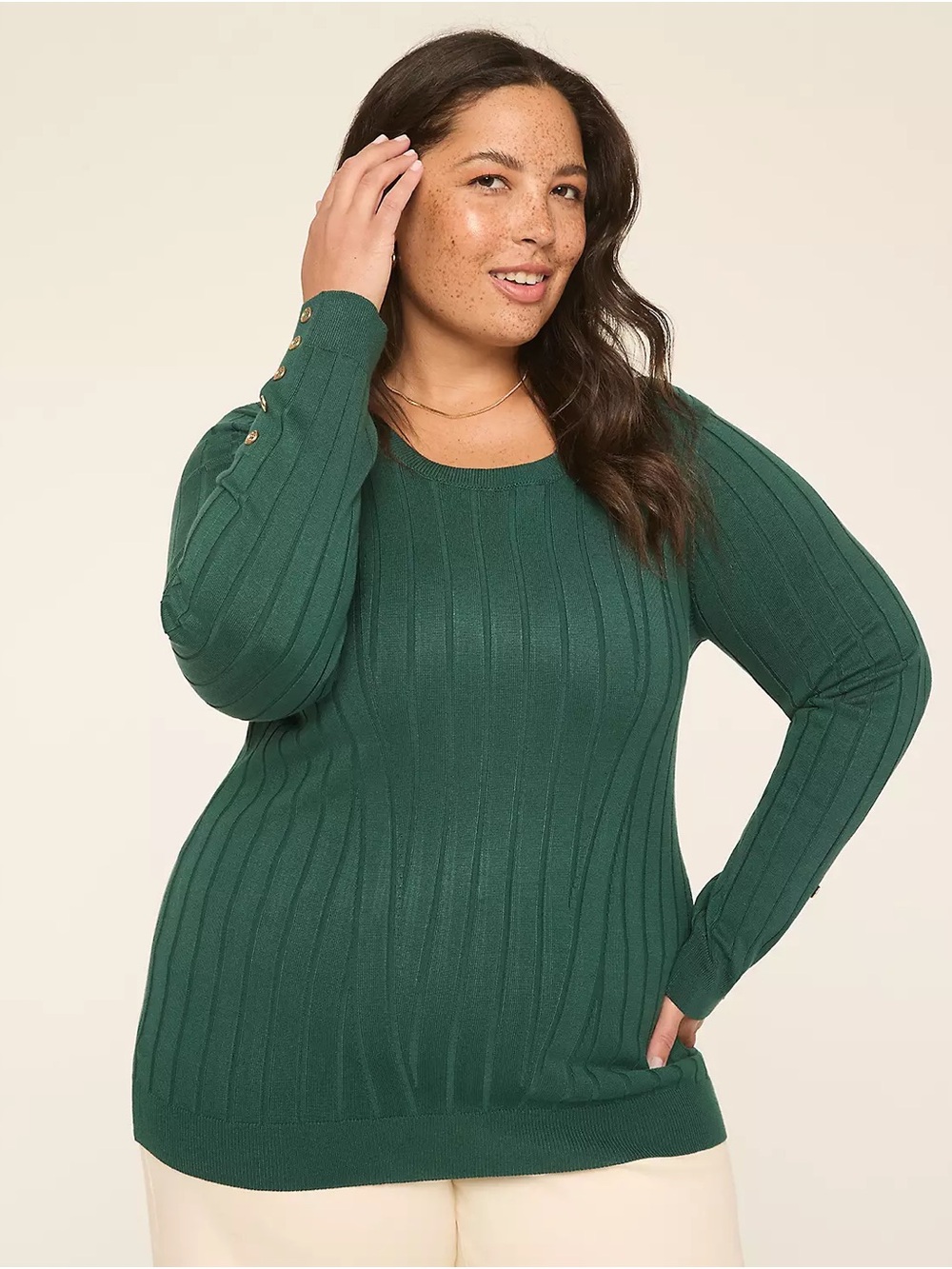 Lane Bryant Forest Green Ribbed Scoop-Neck Sweater with Gold Buttons